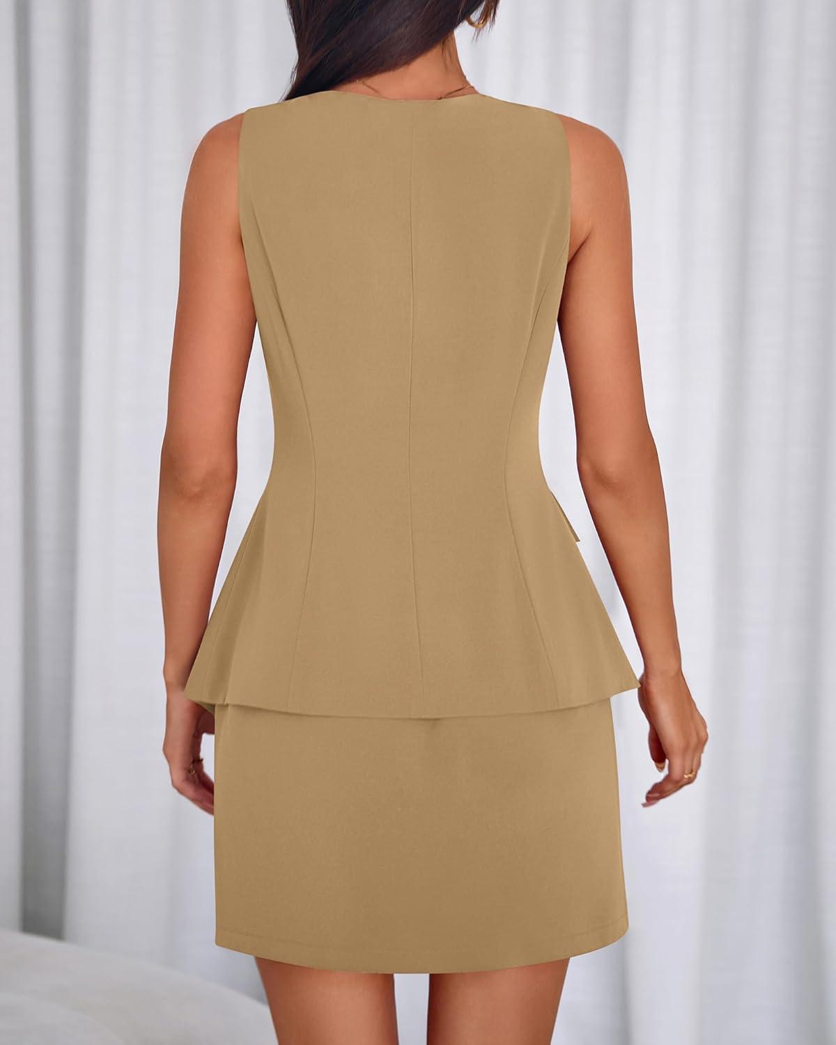 imageBTFBM 2 Piece Sets For Women Summer 2026 Spring Sleeveless Button Up Blazer Vest Tops Skirt Sets Business Casual OutfitsKhaki