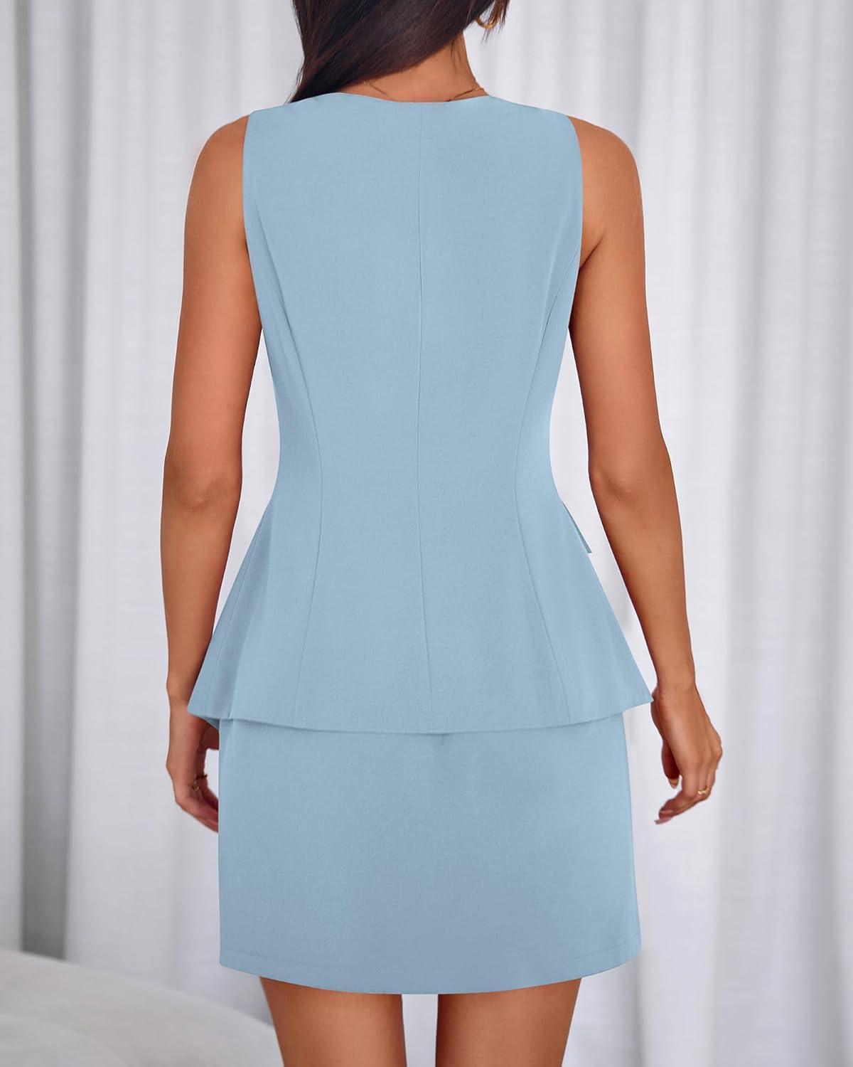 imageBTFBM 2 Piece Sets For Women Summer 2026 Spring Sleeveless Button Up Blazer Vest Tops Skirt Sets Business Casual OutfitsLight Blue