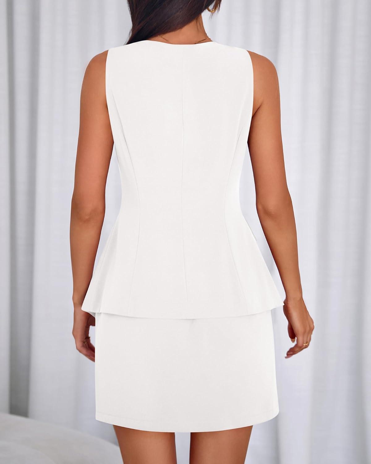 imageBTFBM 2 Piece Sets For Women Summer 2026 Spring Sleeveless Button Up Blazer Vest Tops Skirt Sets Business Casual OutfitsWhite