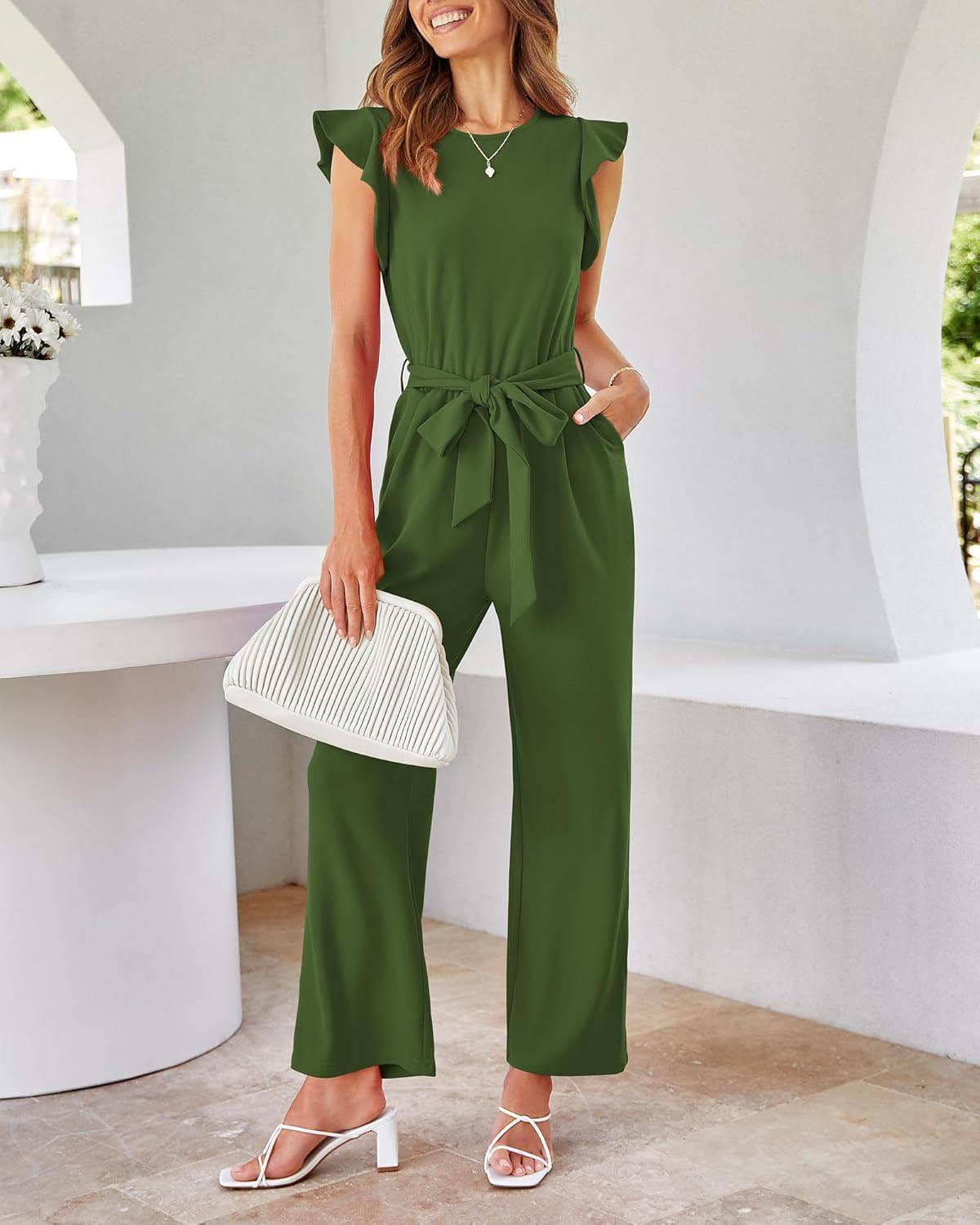 imageBTFBM Jumpsuits For Women 2026 Crew Neck Dressy Cap Sleeve Belted High Waist Wide Leg Romper One Piece Casual Outfits PocketsArmy Green