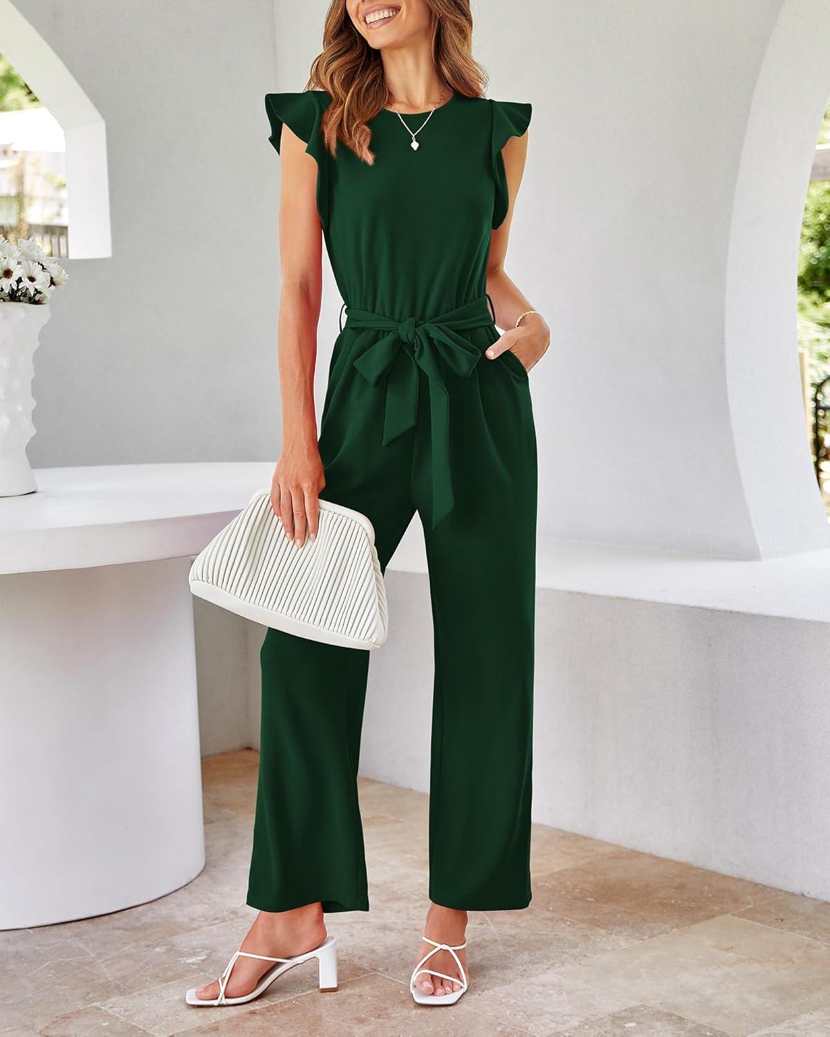 imageBTFBM Jumpsuits For Women 2026 Crew Neck Dressy Cap Sleeve Belted High Waist Wide Leg Romper One Piece Casual Outfits PocketsDark Green