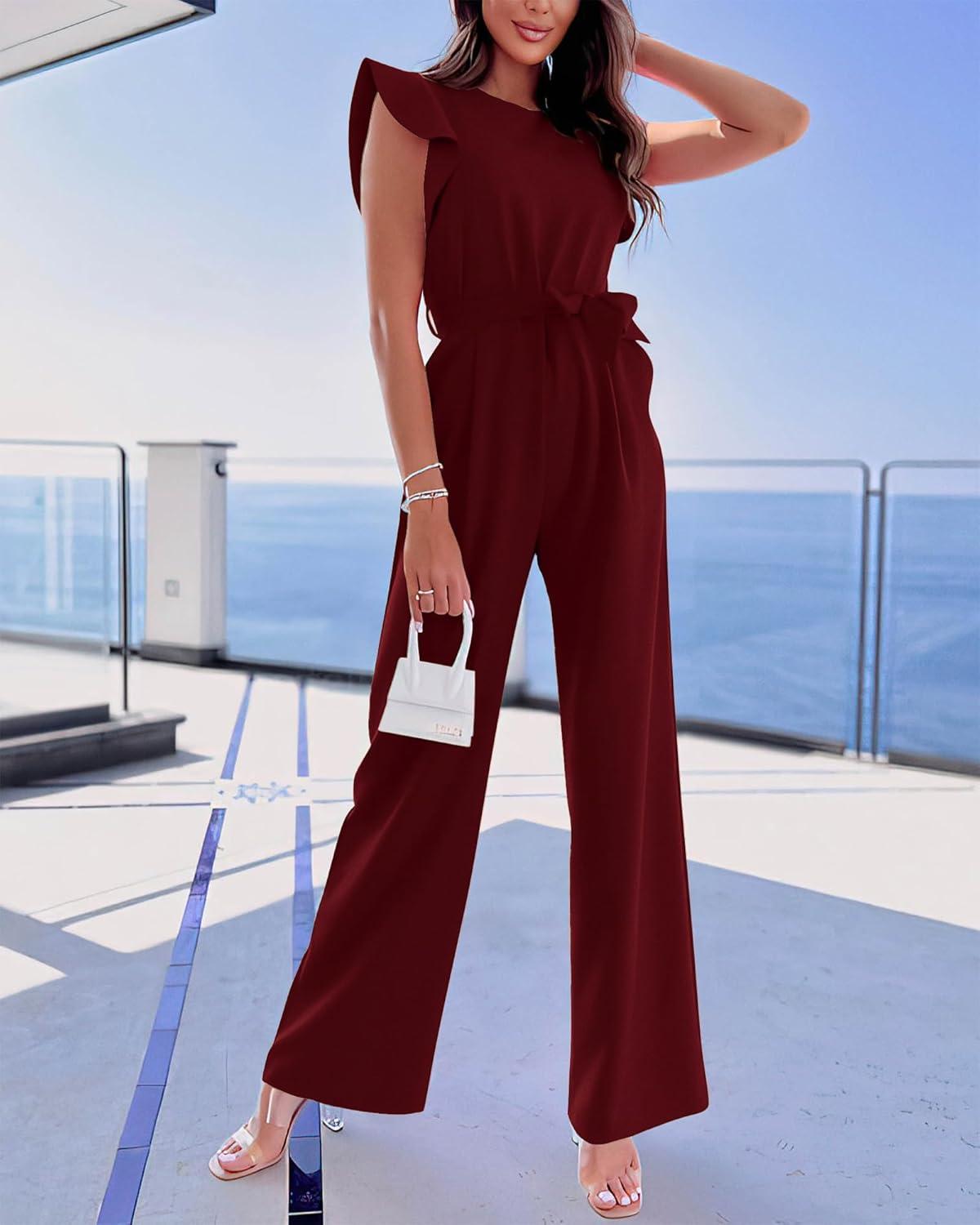 imageBTFBM Jumpsuits For Women 2026 Crew Neck Dressy Cap Sleeve Belted High Waist Wide Leg Romper One Piece Casual Outfits PocketsWine Red