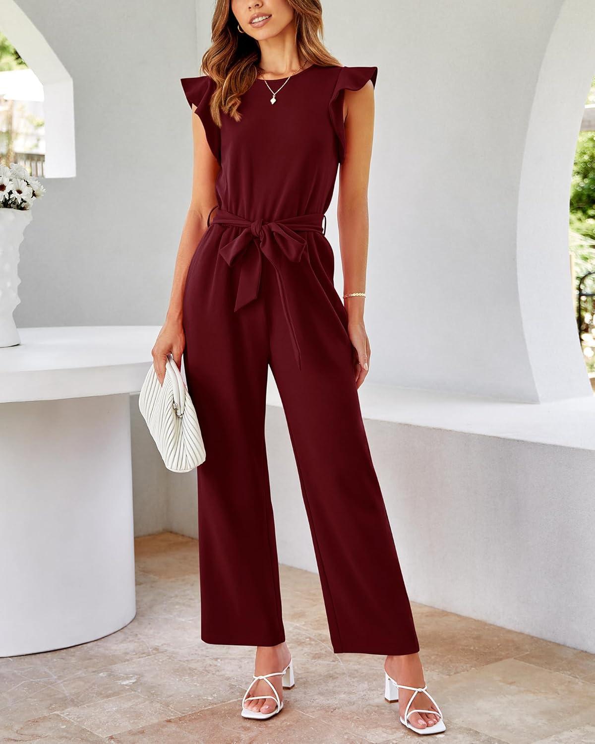 imageBTFBM Jumpsuits For Women 2026 Crew Neck Dressy Cap Sleeve Belted High Waist Wide Leg Romper One Piece Casual Outfits PocketsWine Red