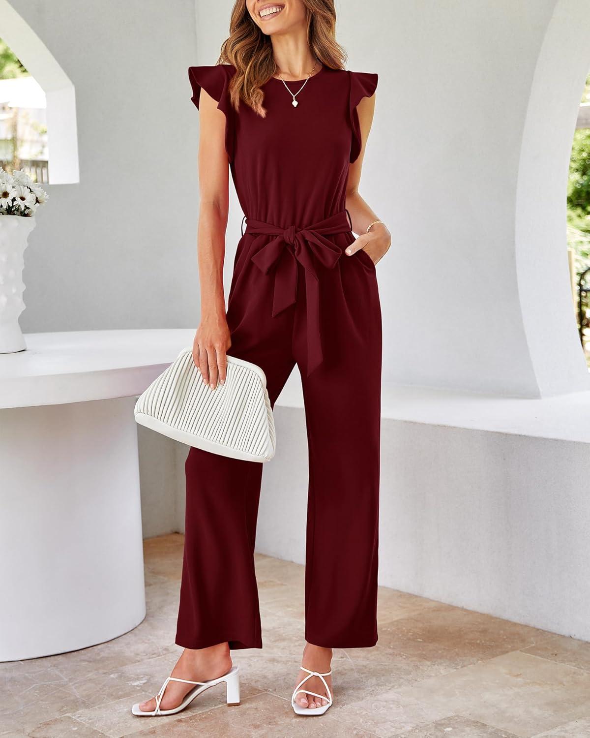imageBTFBM Jumpsuits For Women 2026 Crew Neck Dressy Cap Sleeve Belted High Waist Wide Leg Romper One Piece Casual Outfits PocketsWine Red