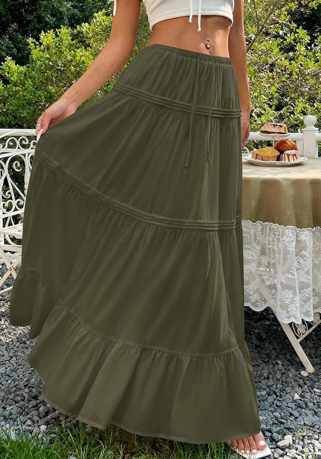 imageBTFBM Skirts for Women 2026 Summer Boho Beach Vacation Clothes Casual Pleated High Waisted Flowy Maxi SkirtArmy Green