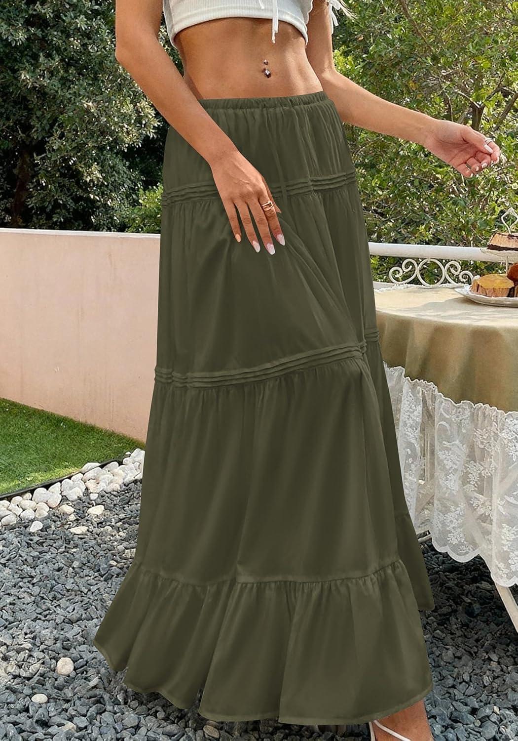 imageBTFBM Skirts for Women 2026 Summer Boho Beach Vacation Clothes Casual Pleated High Waisted Flowy Maxi SkirtArmy Green