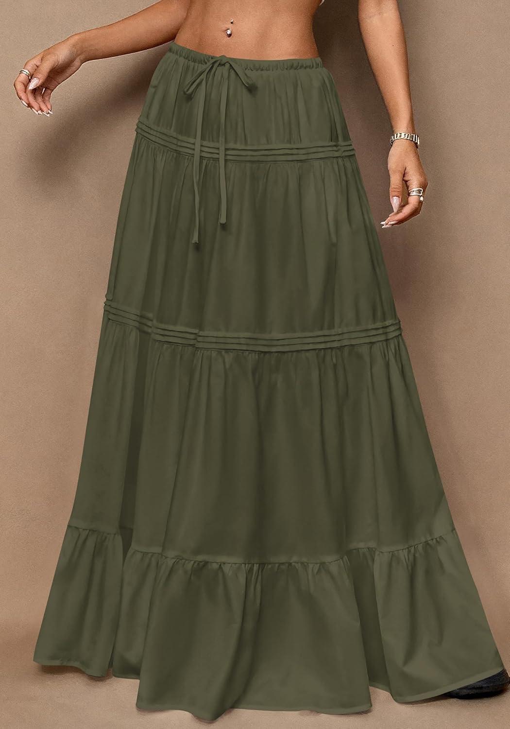 imageBTFBM Skirts for Women 2026 Summer Boho Beach Vacation Clothes Casual Pleated High Waisted Flowy Maxi SkirtArmy Green