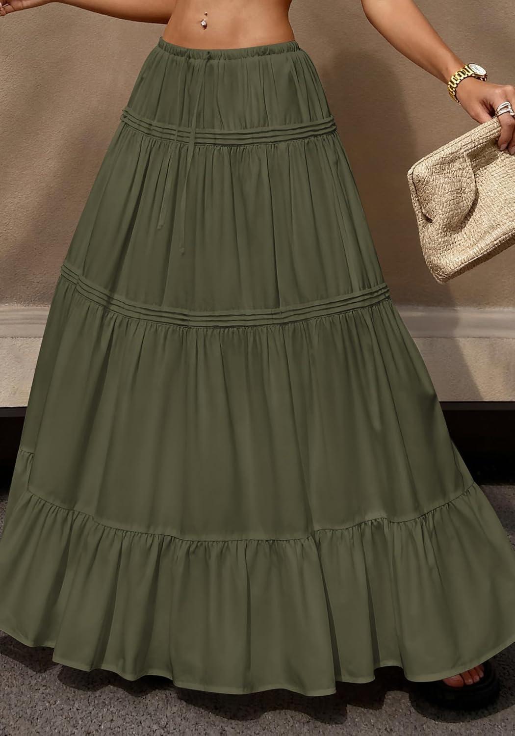 imageBTFBM Skirts for Women 2026 Summer Boho Beach Vacation Clothes Casual Pleated High Waisted Flowy Maxi SkirtArmy Green