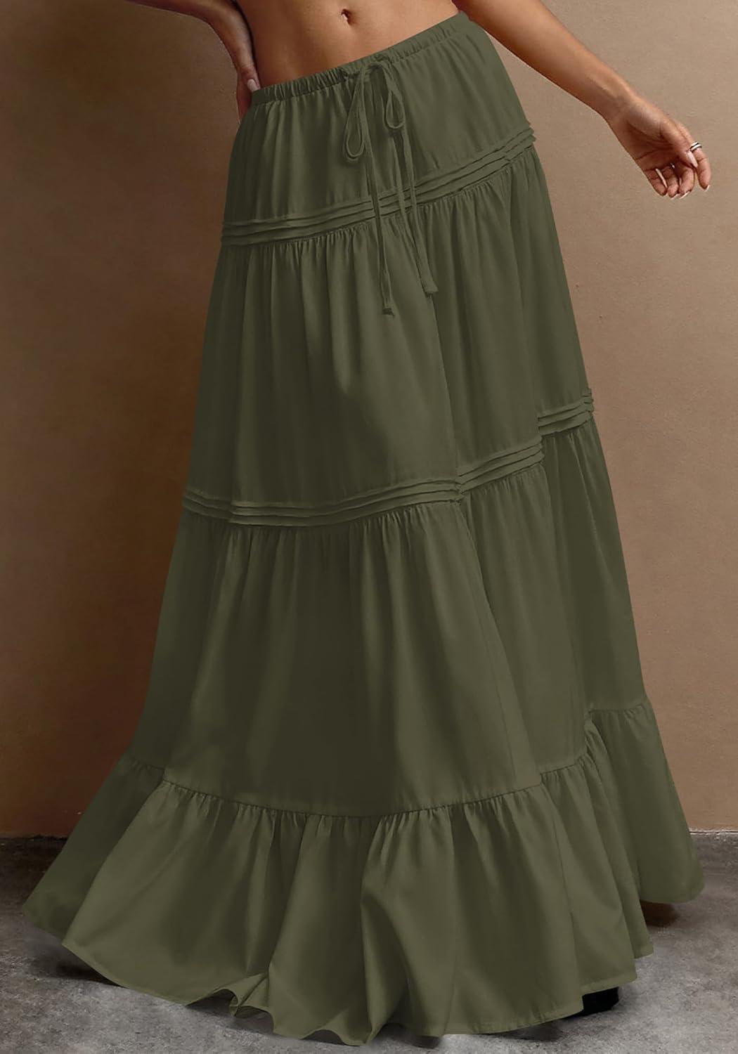 imageBTFBM Skirts for Women 2026 Summer Boho Beach Vacation Clothes Casual Pleated High Waisted Flowy Maxi SkirtArmy Green