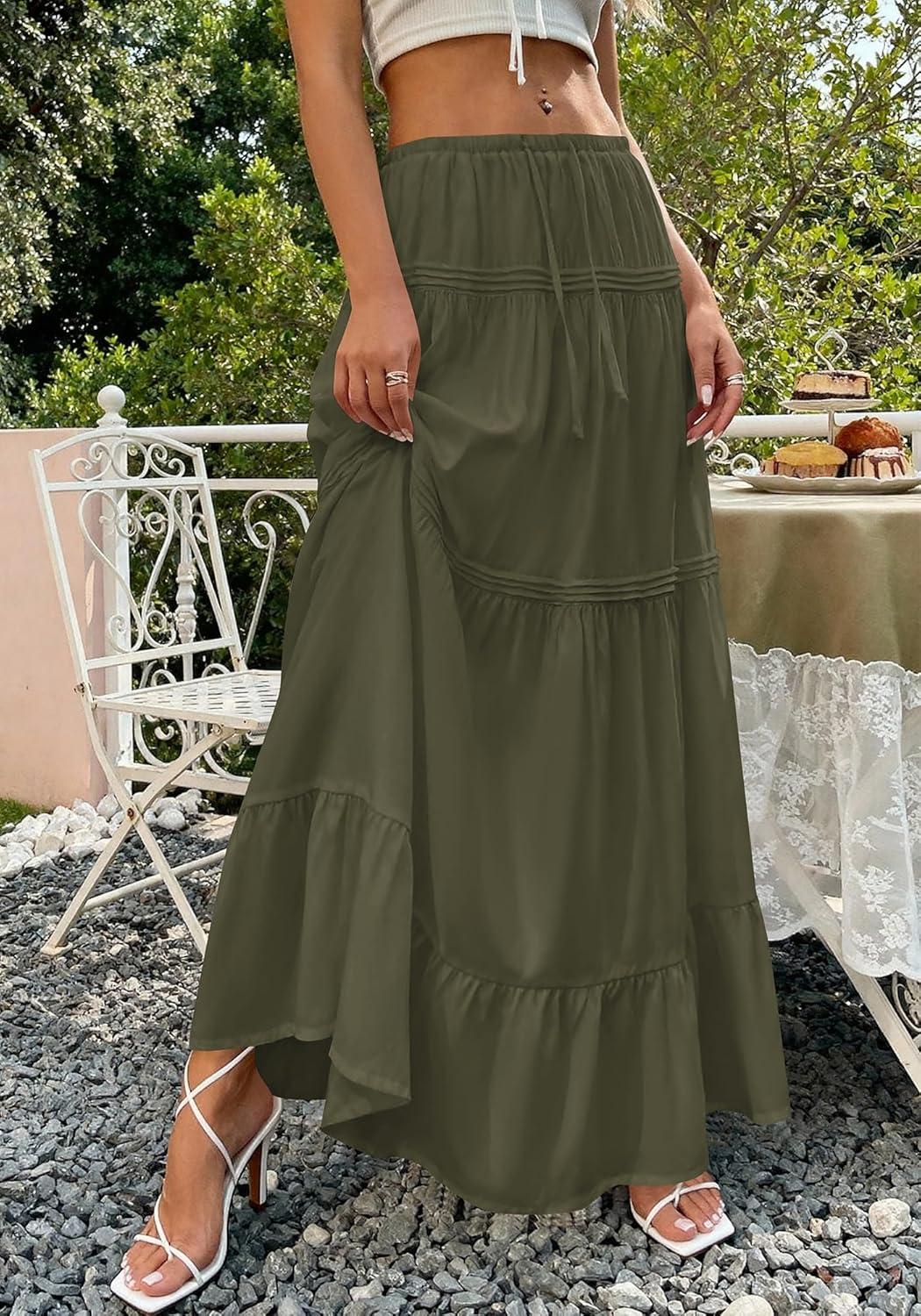 imageBTFBM Skirts for Women 2026 Summer Boho Beach Vacation Clothes Casual Pleated High Waisted Flowy Maxi SkirtArmy Green