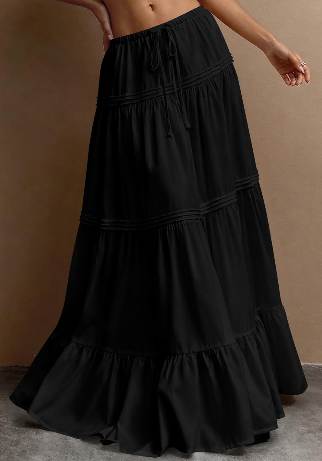 imageBTFBM Skirts for Women 2026 Summer Boho Beach Vacation Clothes Casual Pleated High Waisted Flowy Maxi SkirtBlack