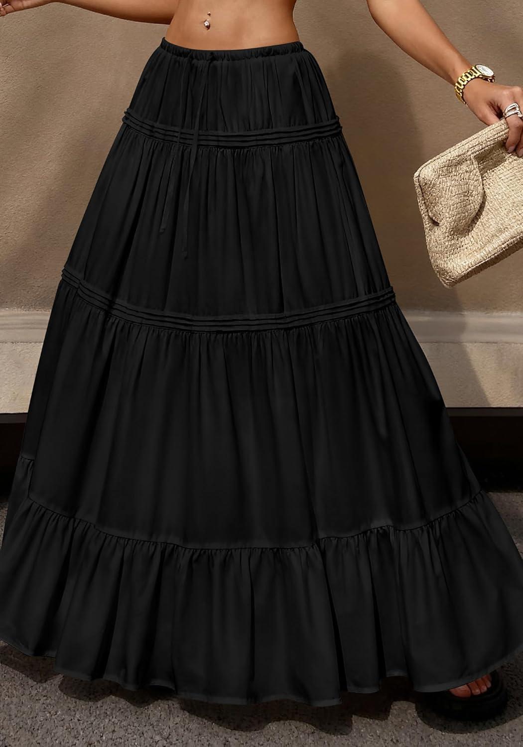 imageBTFBM Skirts for Women 2026 Summer Boho Beach Vacation Clothes Casual Pleated High Waisted Flowy Maxi SkirtBlack