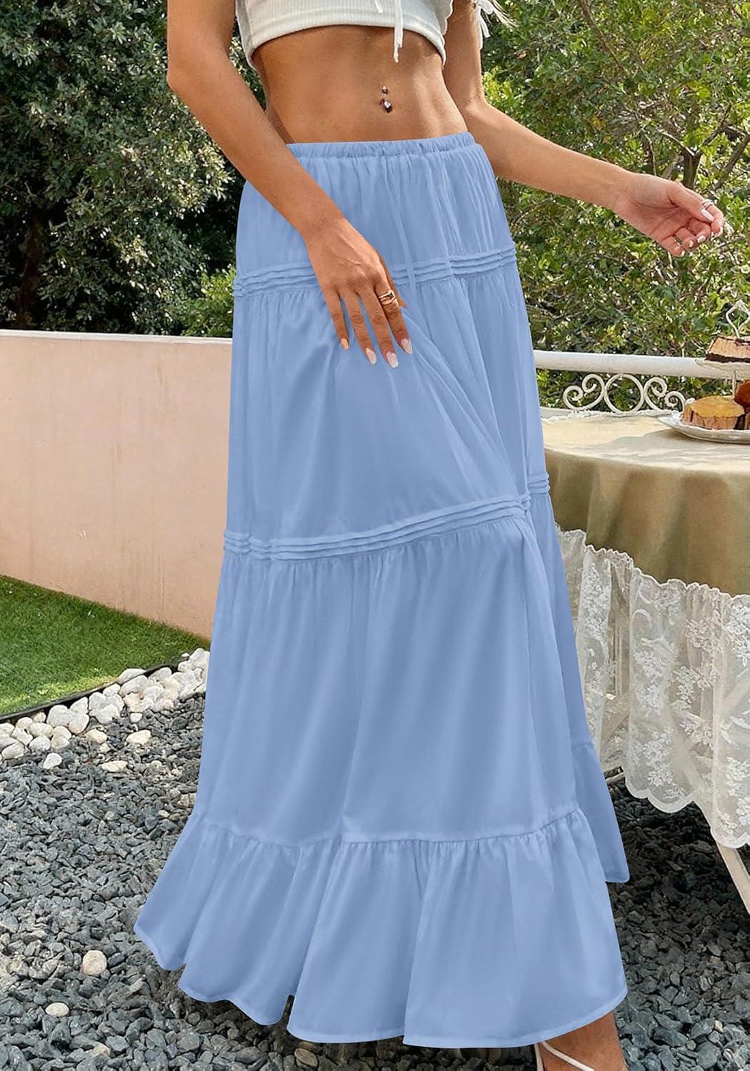 imageBTFBM Skirts for Women 2026 Summer Boho Beach Vacation Clothes Casual Pleated High Waisted Flowy Maxi SkirtBlue