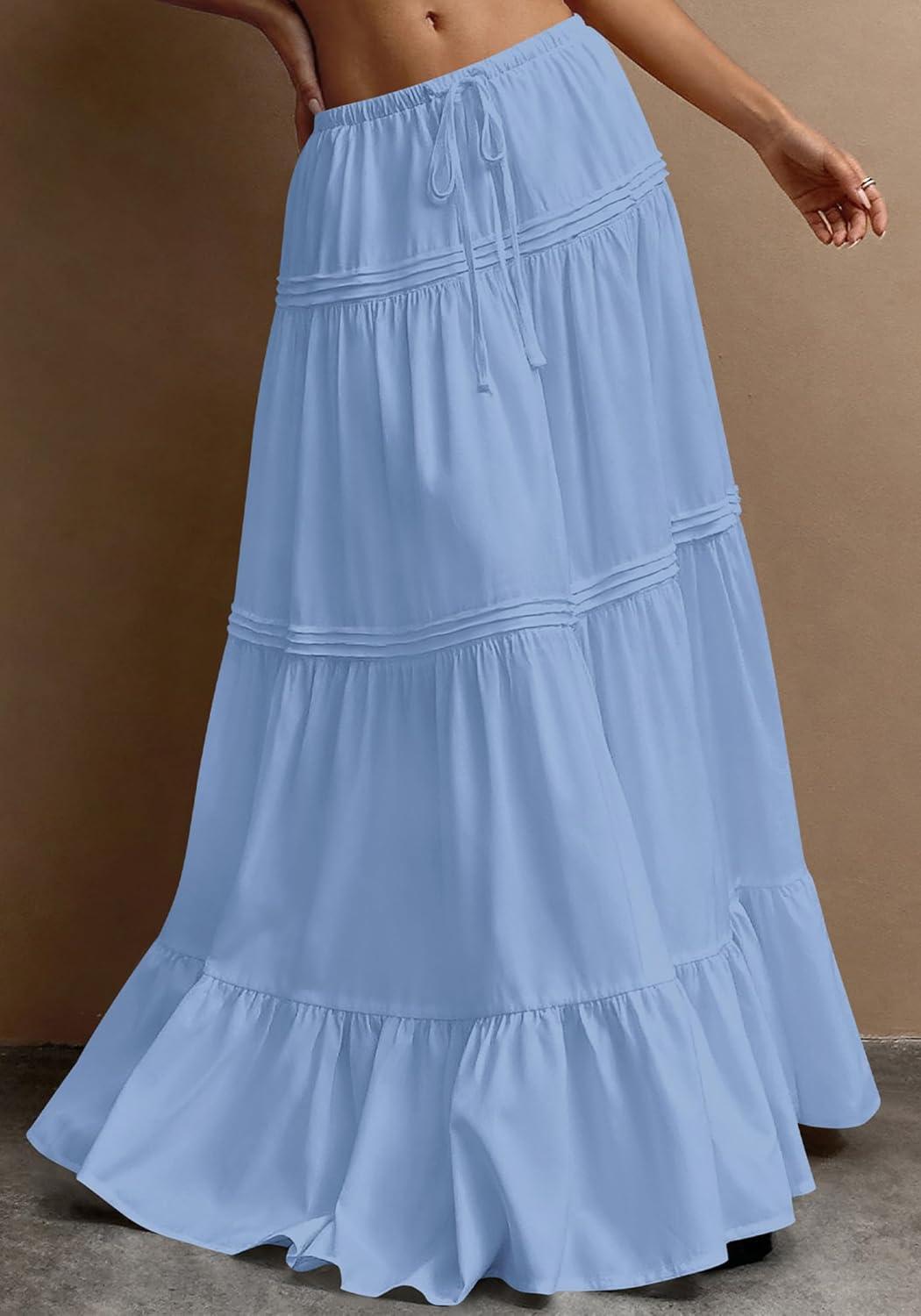 imageBTFBM Skirts for Women 2026 Summer Boho Beach Vacation Clothes Casual Pleated High Waisted Flowy Maxi SkirtBlue