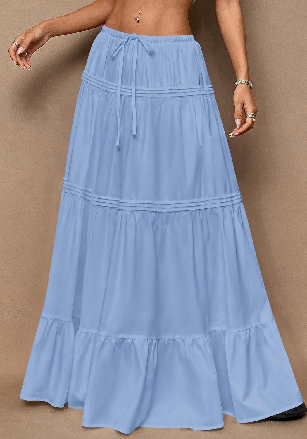 imageBTFBM Skirts for Women 2026 Summer Boho Beach Vacation Clothes Casual Pleated High Waisted Flowy Maxi SkirtBlue