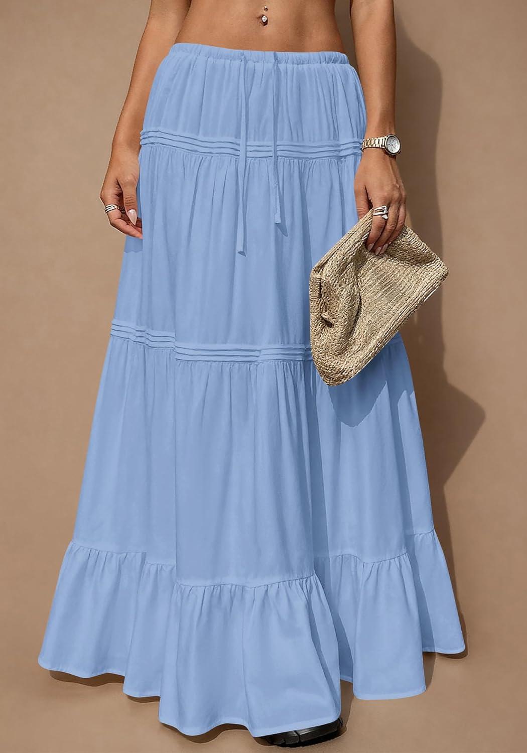 imageBTFBM Skirts for Women 2026 Summer Boho Beach Vacation Clothes Casual Pleated High Waisted Flowy Maxi SkirtBlue