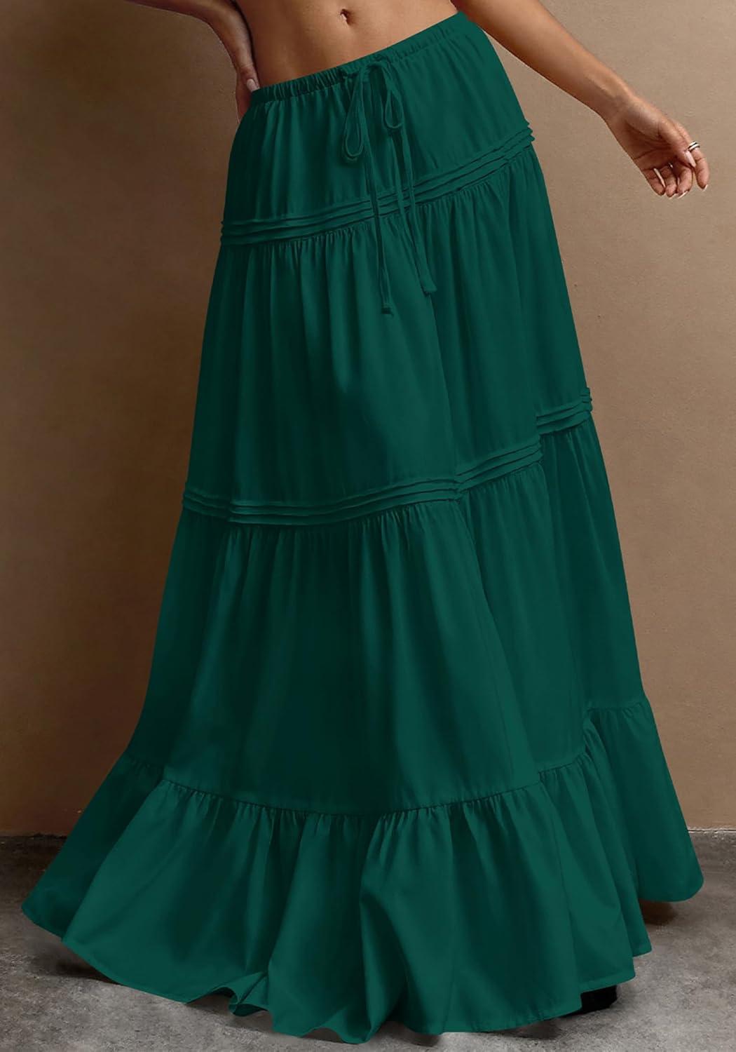 imageBTFBM Skirts for Women 2026 Summer Boho Beach Vacation Clothes Casual Pleated High Waisted Flowy Maxi SkirtGreen