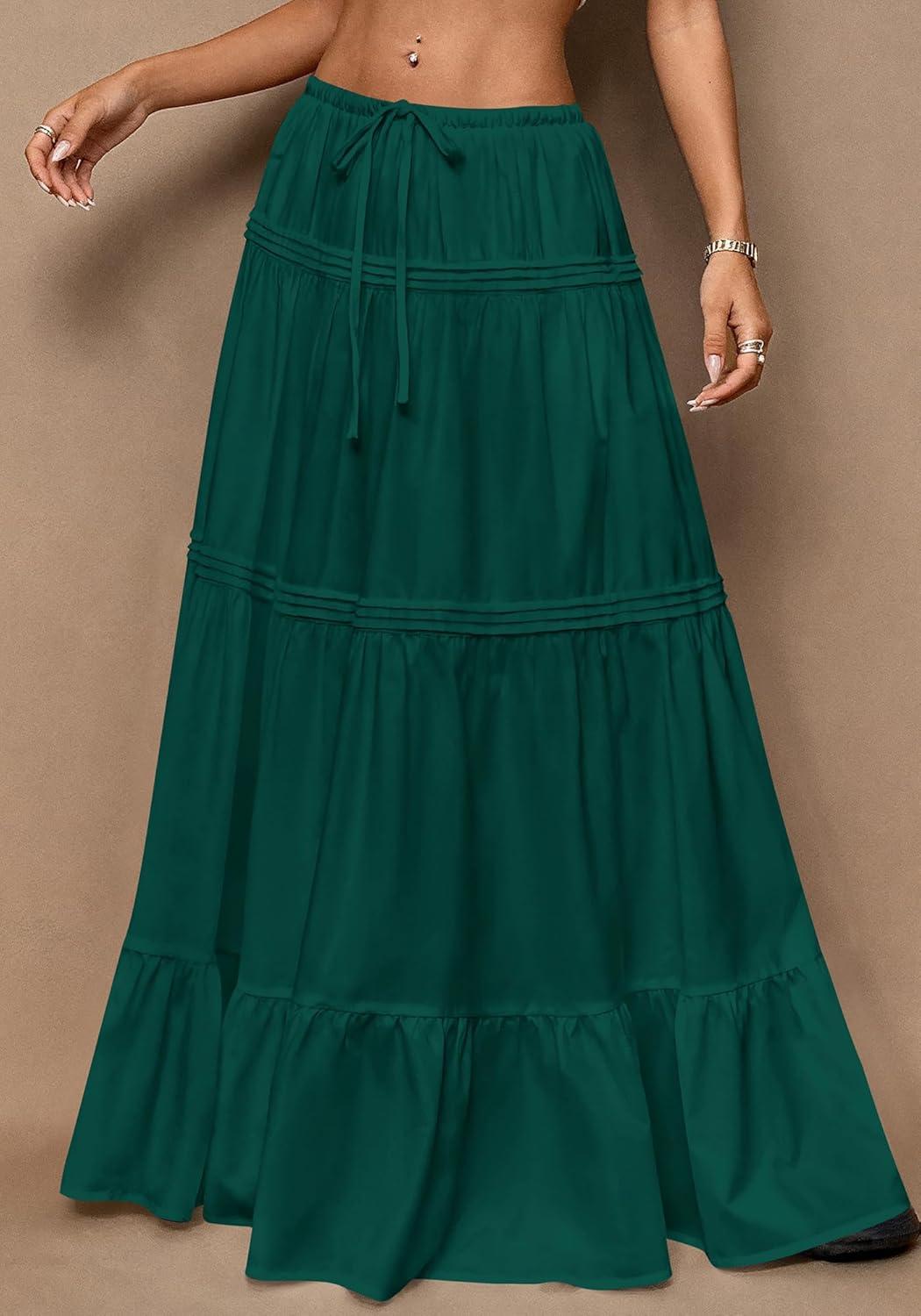 imageBTFBM Skirts for Women 2026 Summer Boho Beach Vacation Clothes Casual Pleated High Waisted Flowy Maxi SkirtGreen