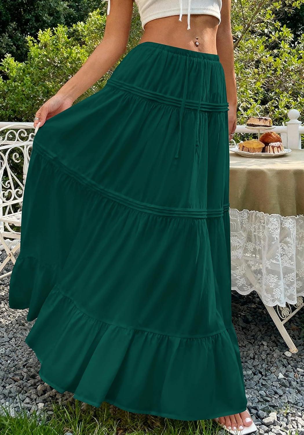 imageBTFBM Skirts for Women 2026 Summer Boho Beach Vacation Clothes Casual Pleated High Waisted Flowy Maxi SkirtGreen