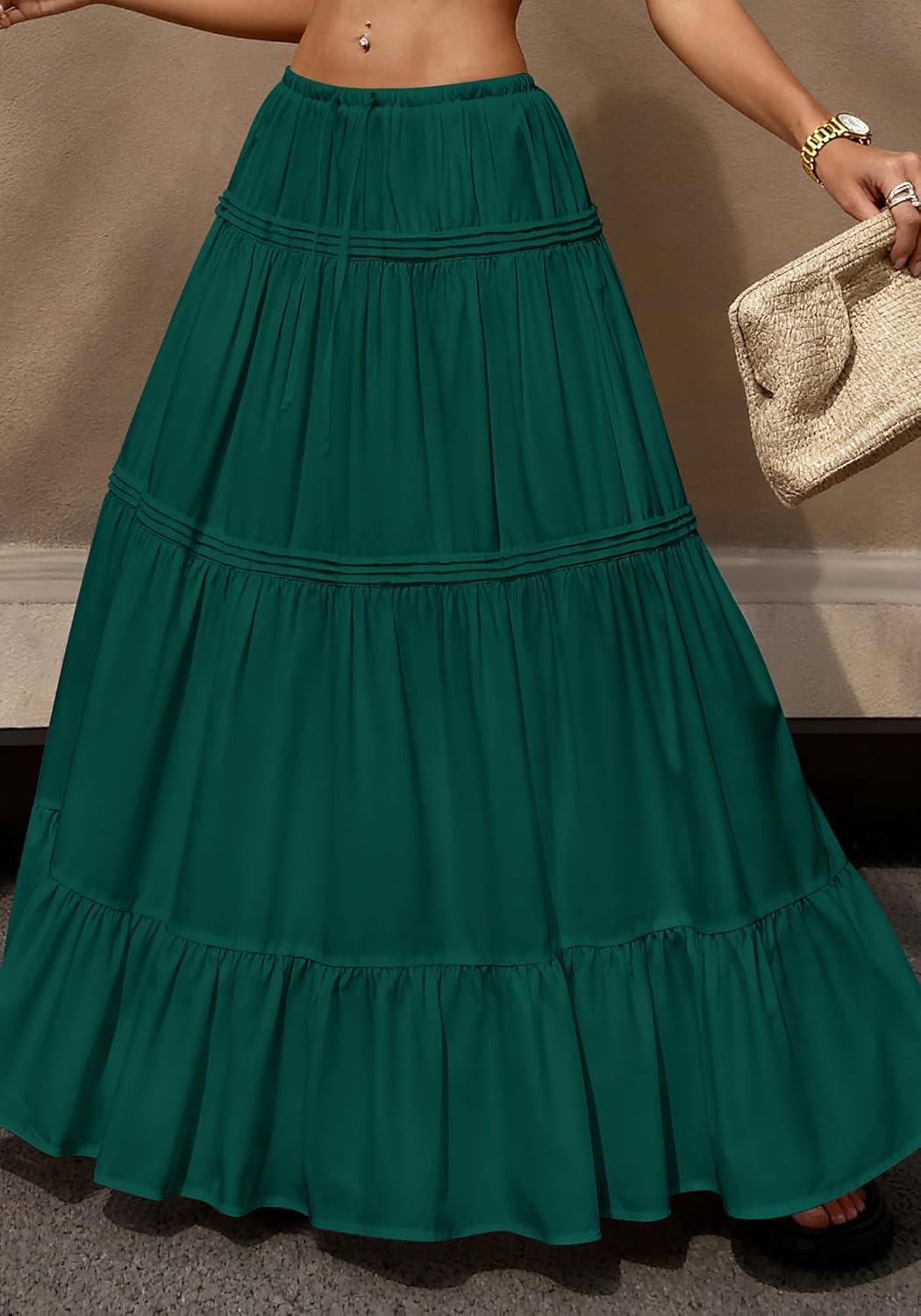 imageBTFBM Skirts for Women 2026 Summer Boho Beach Vacation Clothes Casual Pleated High Waisted Flowy Maxi SkirtGreen