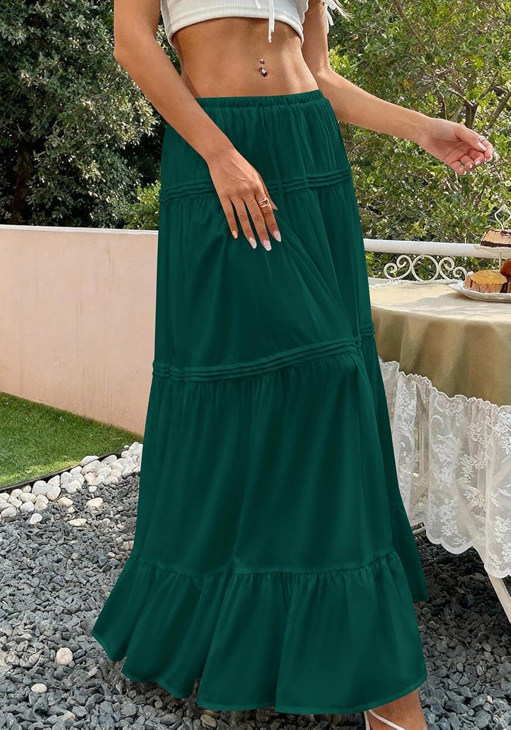 imageBTFBM Skirts for Women 2026 Summer Boho Beach Vacation Clothes Casual Pleated High Waisted Flowy Maxi SkirtGreen