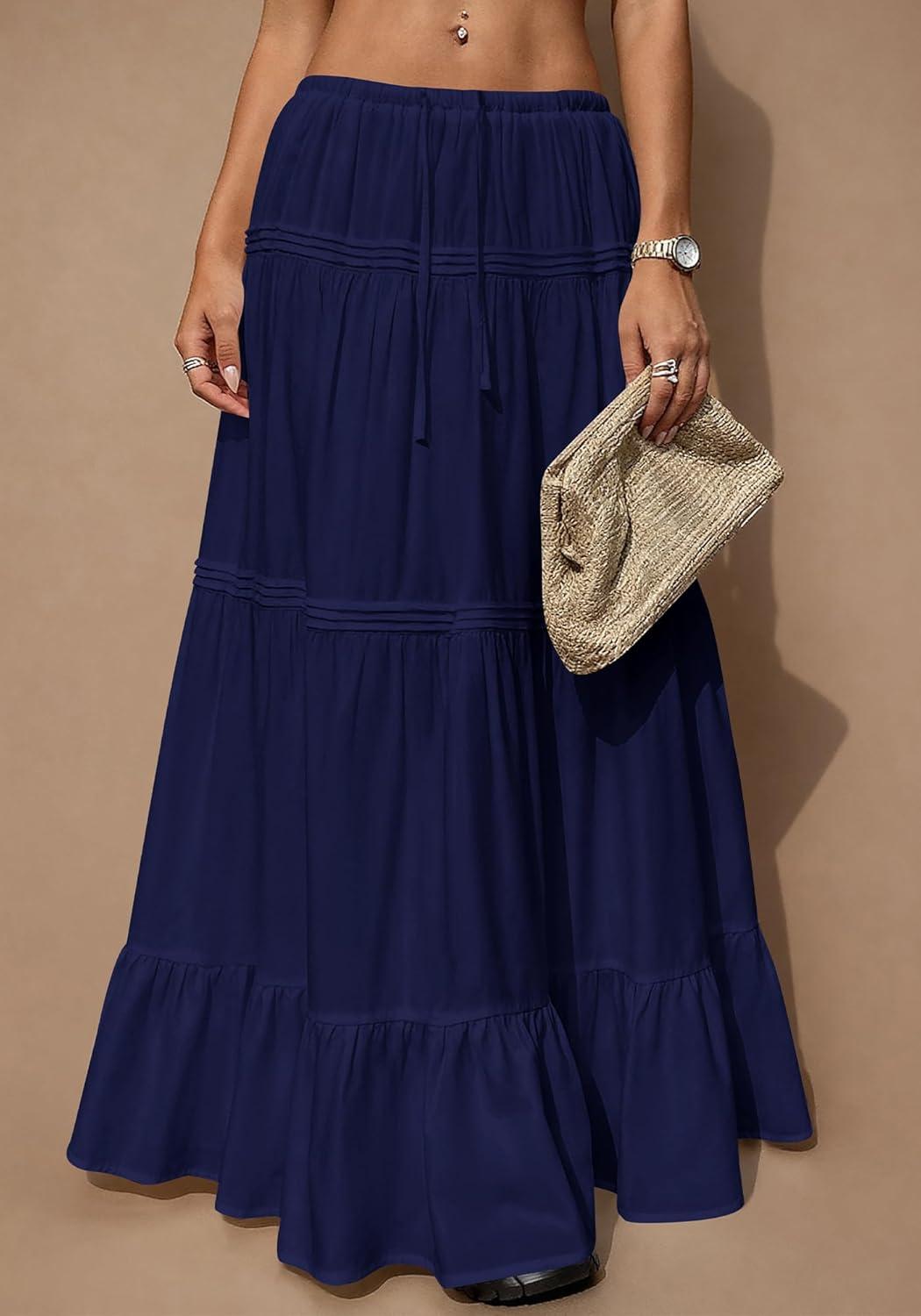 imageBTFBM Skirts for Women 2026 Summer Boho Beach Vacation Clothes Casual Pleated High Waisted Flowy Maxi SkirtNavy Blue