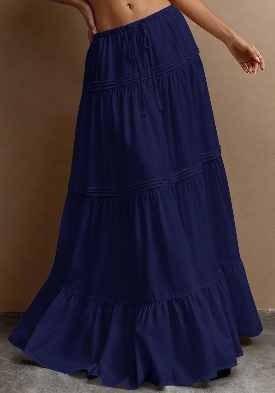 imageBTFBM Skirts for Women 2026 Summer Boho Beach Vacation Clothes Casual Pleated High Waisted Flowy Maxi SkirtNavy Blue