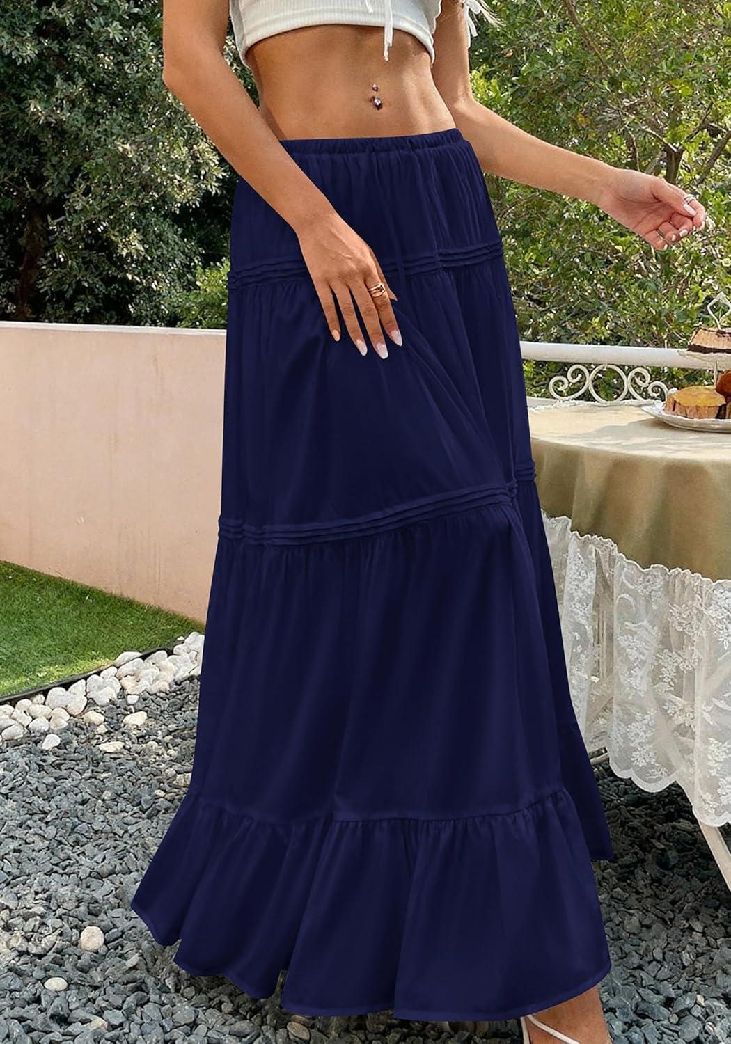 imageBTFBM Skirts for Women 2026 Summer Boho Beach Vacation Clothes Casual Pleated High Waisted Flowy Maxi SkirtNavy Blue