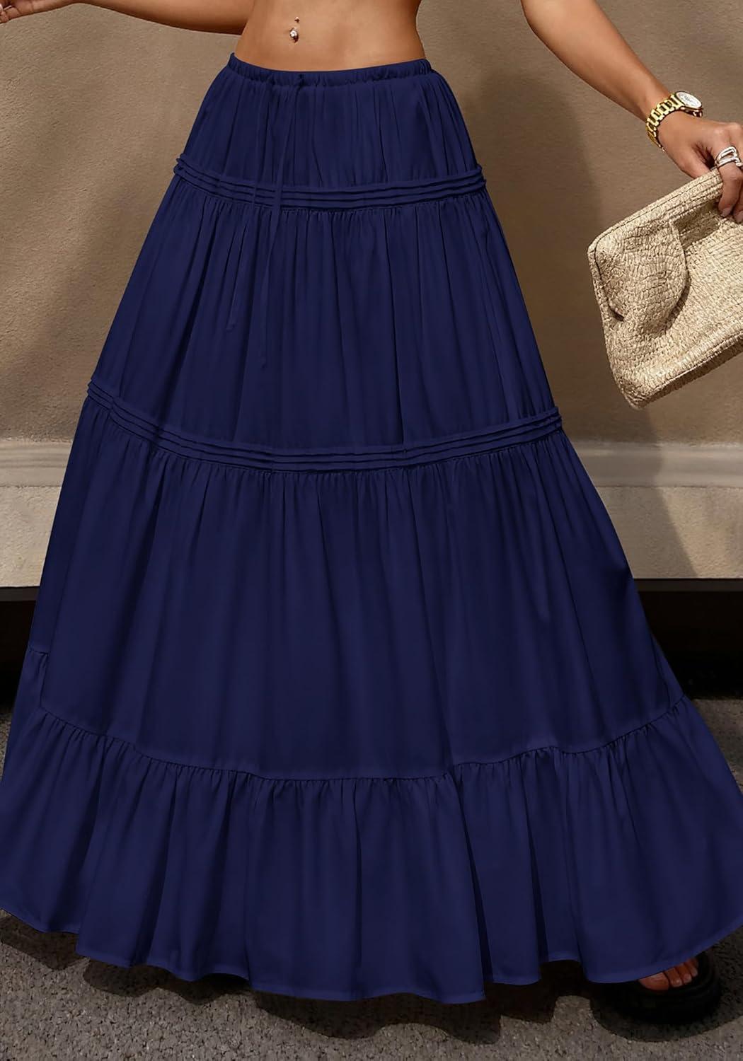 imageBTFBM Skirts for Women 2026 Summer Boho Beach Vacation Clothes Casual Pleated High Waisted Flowy Maxi SkirtNavy Blue