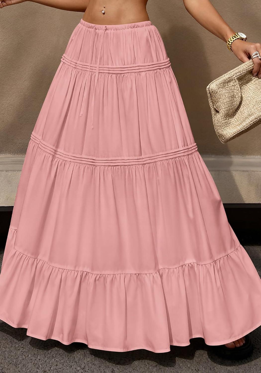 imageBTFBM Skirts for Women 2026 Summer Boho Beach Vacation Clothes Casual Pleated High Waisted Flowy Maxi SkirtPink