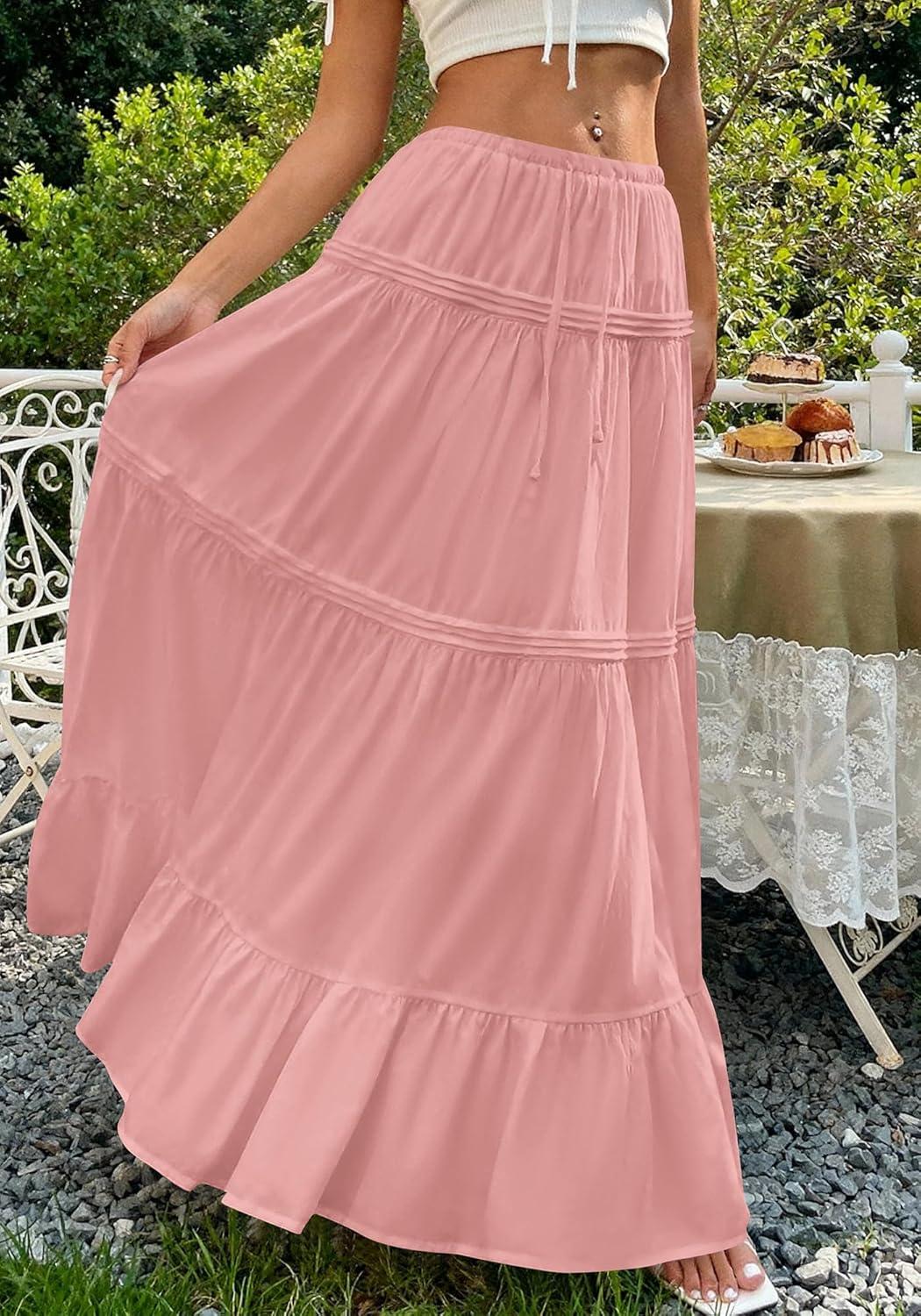 imageBTFBM Skirts for Women 2026 Summer Boho Beach Vacation Clothes Casual Pleated High Waisted Flowy Maxi SkirtPink