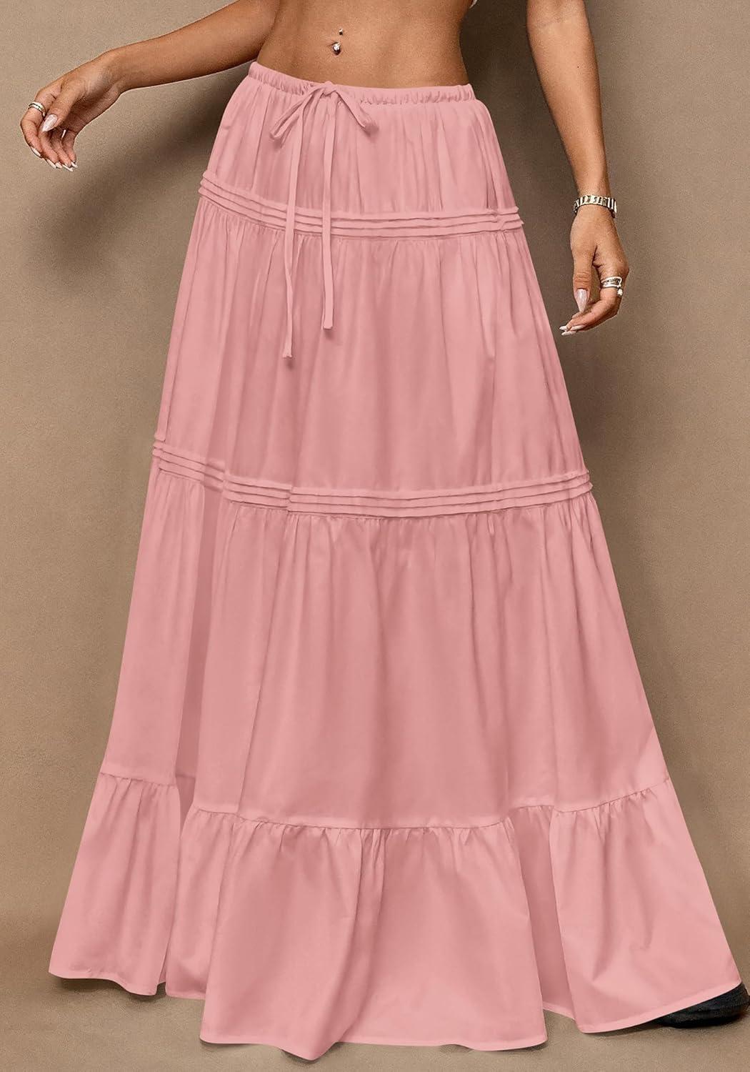 imageBTFBM Skirts for Women 2026 Summer Boho Beach Vacation Clothes Casual Pleated High Waisted Flowy Maxi SkirtPink