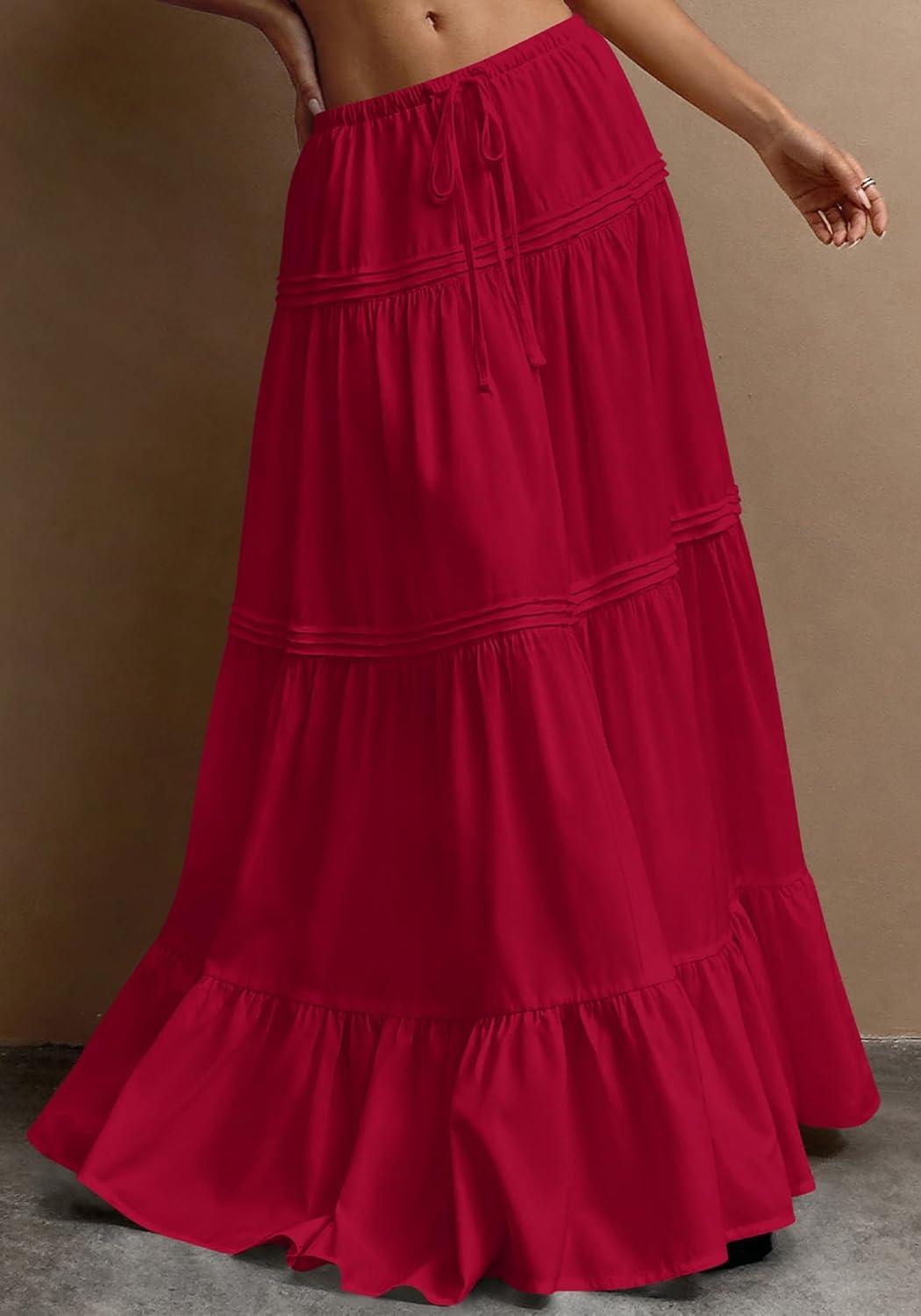 imageBTFBM Skirts for Women 2026 Summer Boho Beach Vacation Clothes Casual Pleated High Waisted Flowy Maxi SkirtRed