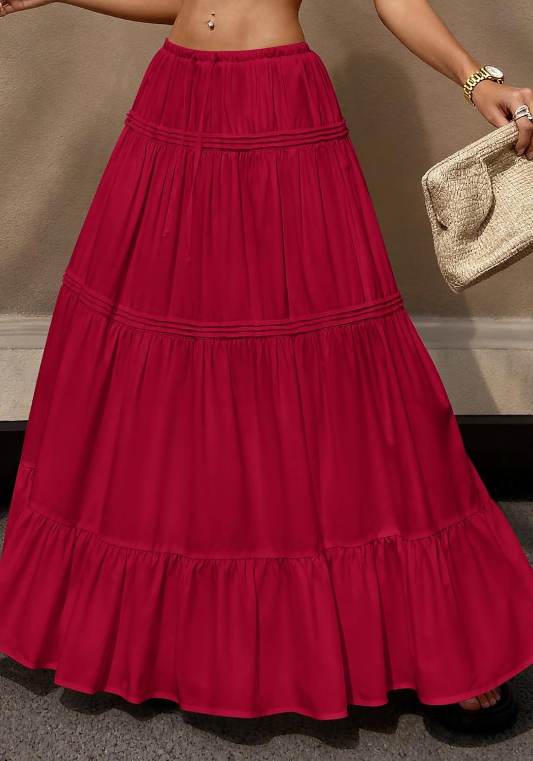 imageBTFBM Skirts for Women 2026 Summer Boho Beach Vacation Clothes Casual Pleated High Waisted Flowy Maxi SkirtRed