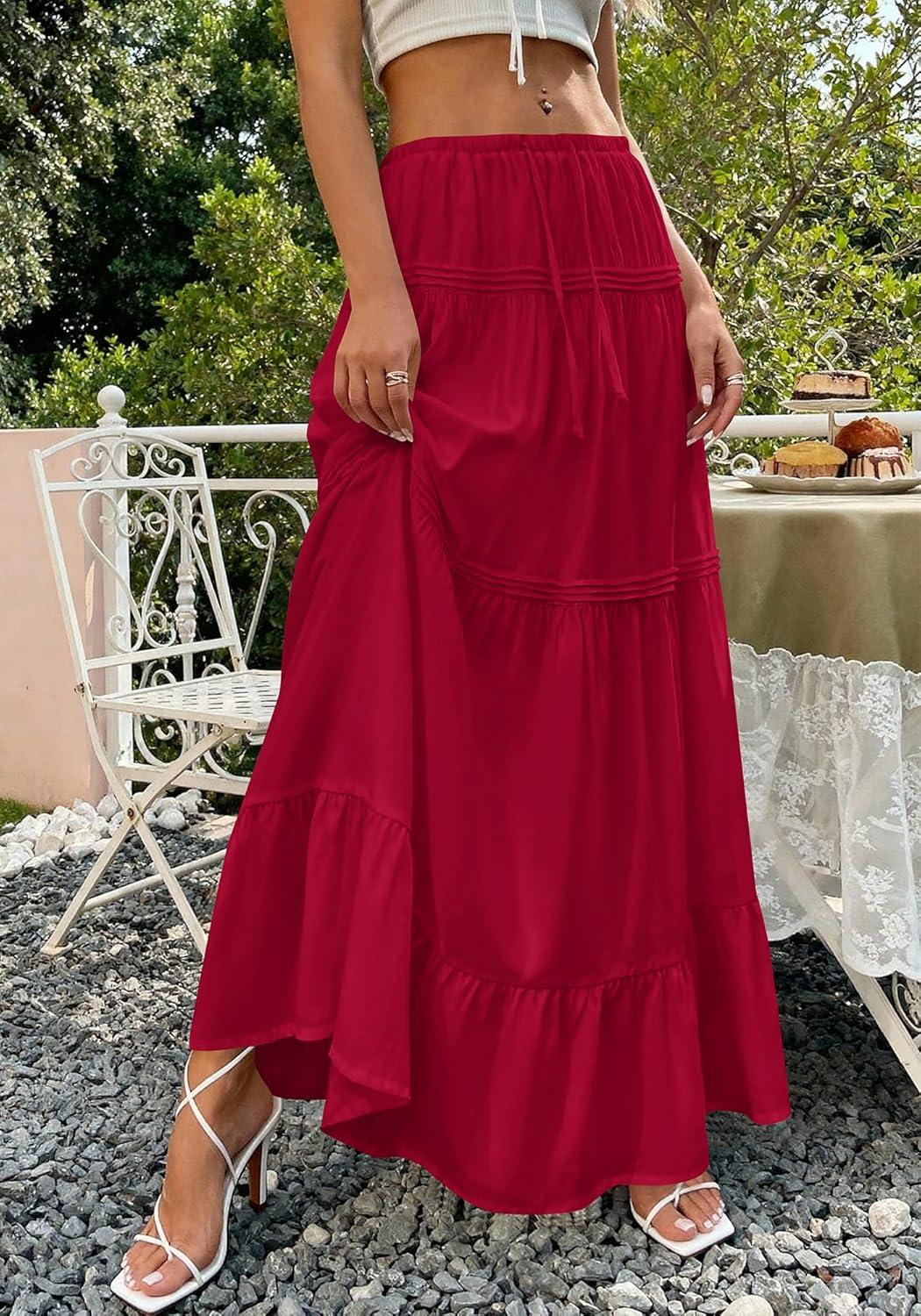 imageBTFBM Skirts for Women 2026 Summer Boho Beach Vacation Clothes Casual Pleated High Waisted Flowy Maxi SkirtRed