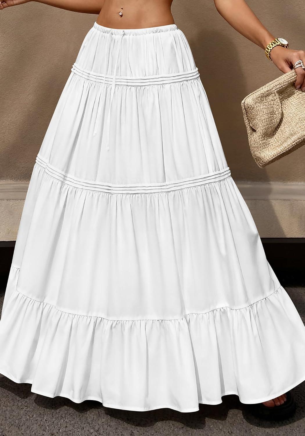 imageBTFBM Skirts for Women 2026 Summer Boho Beach Vacation Clothes Casual Pleated High Waisted Flowy Maxi SkirtWhite