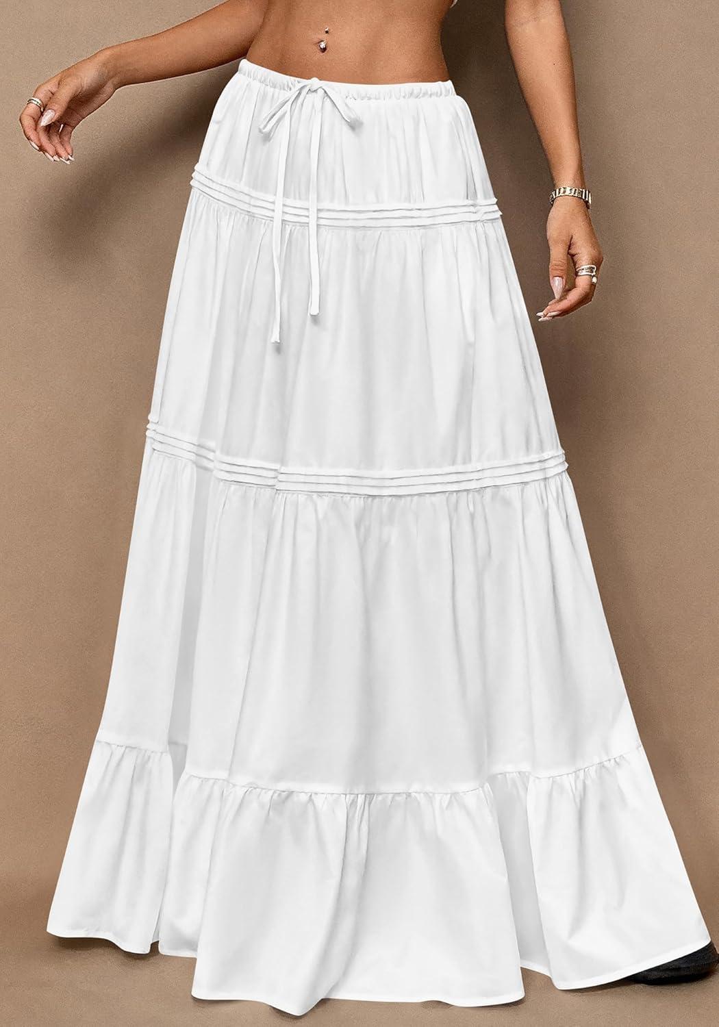 imageBTFBM Skirts for Women 2026 Summer Boho Beach Vacation Clothes Casual Pleated High Waisted Flowy Maxi SkirtWhite