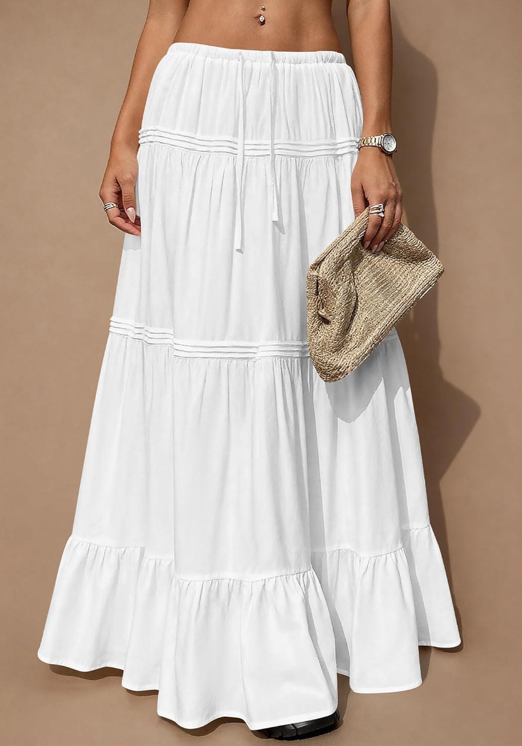 imageBTFBM Skirts for Women 2026 Summer Boho Beach Vacation Clothes Casual Pleated High Waisted Flowy Maxi SkirtWhite