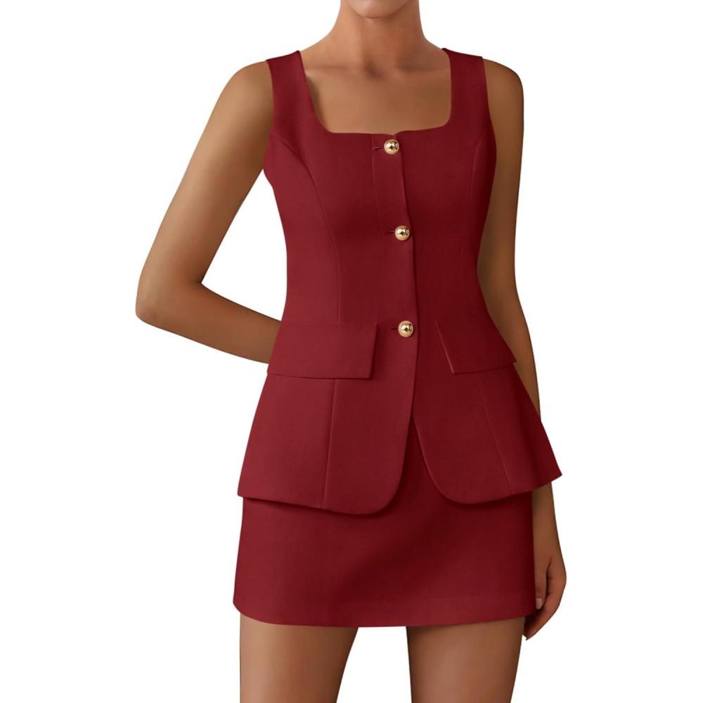 imageBTFBM 2 Piece Sets For Women Summer 2026 Spring Sleeveless Button Up Blazer Vest Tops Skirt Sets Business Casual OutfitsBurgundy