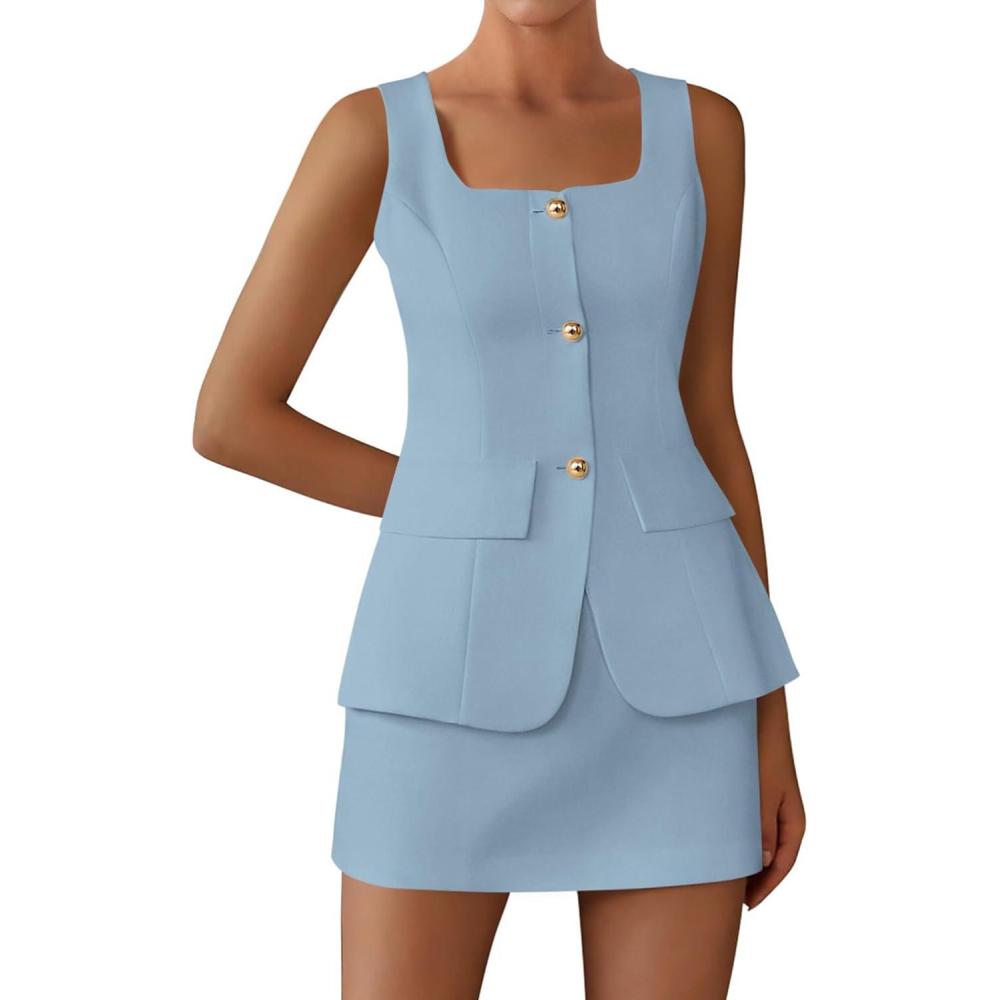 imageBTFBM 2 Piece Sets For Women Summer 2026 Spring Sleeveless Button Up Blazer Vest Tops Skirt Sets Business Casual OutfitsLight Blue