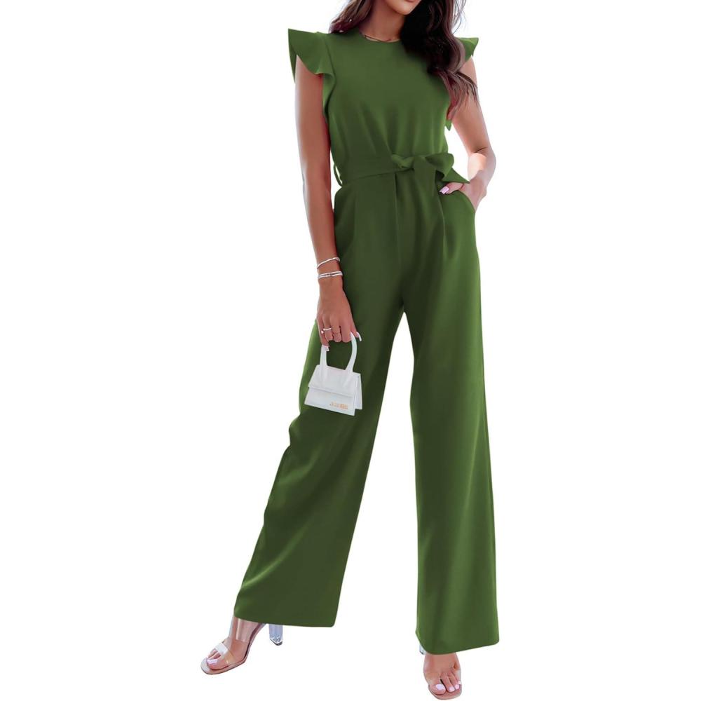 imageBTFBM Jumpsuits For Women 2026 Crew Neck Dressy Cap Sleeve Belted High Waist Wide Leg Romper One Piece Casual Outfits PocketsArmy Green