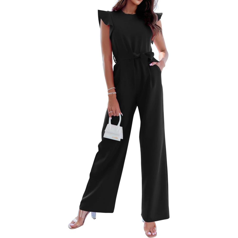 imageBTFBM Jumpsuits For Women 2026 Crew Neck Dressy Cap Sleeve Belted High Waist Wide Leg Romper One Piece Casual Outfits PocketsBlack