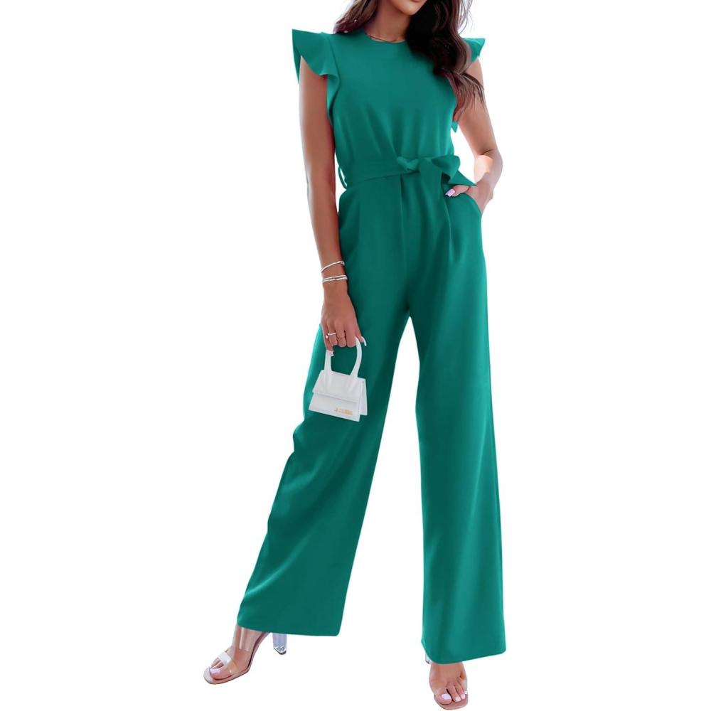 imageBTFBM Jumpsuits For Women 2026 Crew Neck Dressy Cap Sleeve Belted High Waist Wide Leg Romper One Piece Casual Outfits PocketsBlue Green