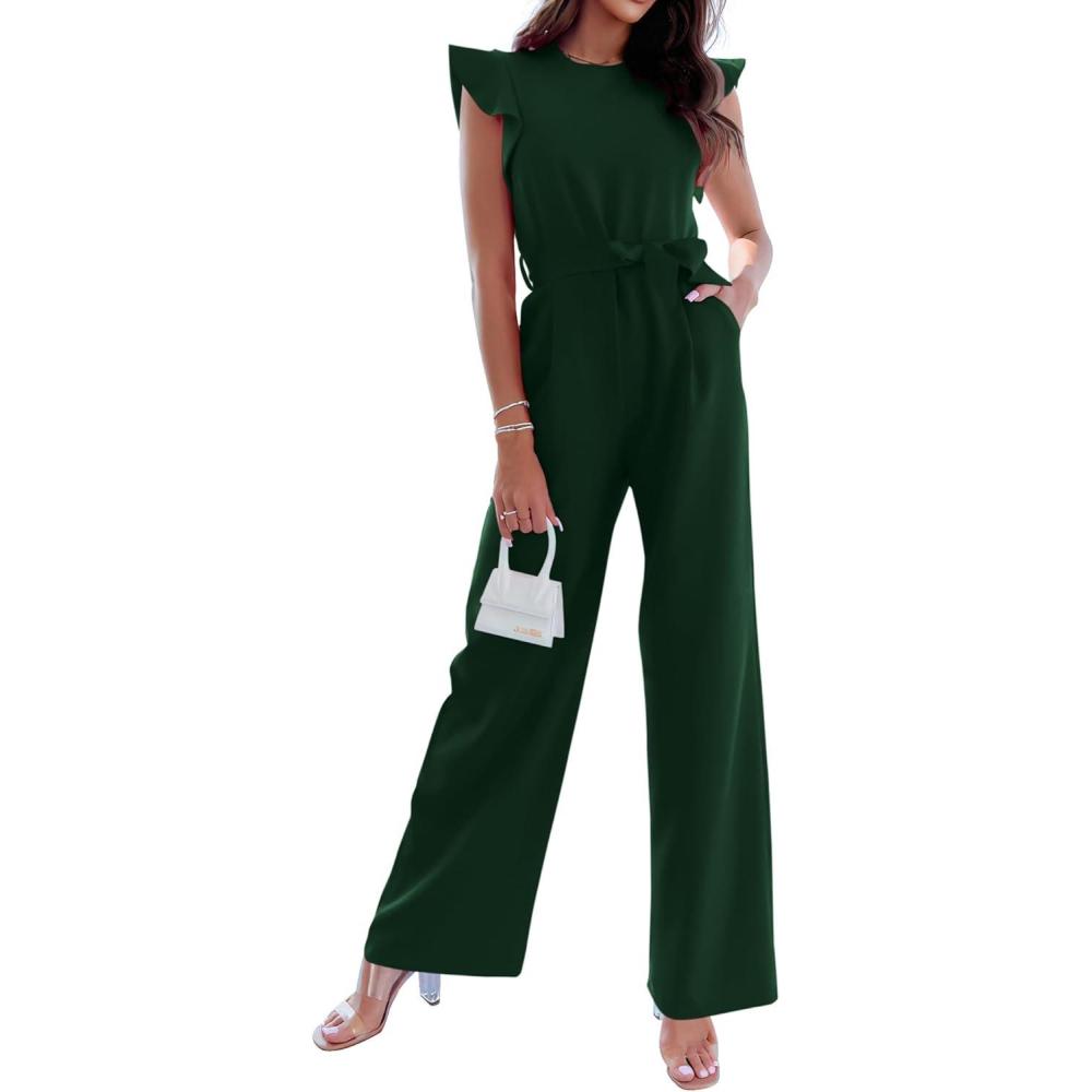 imageBTFBM Jumpsuits For Women 2026 Crew Neck Dressy Cap Sleeve Belted High Waist Wide Leg Romper One Piece Casual Outfits PocketsDark Green