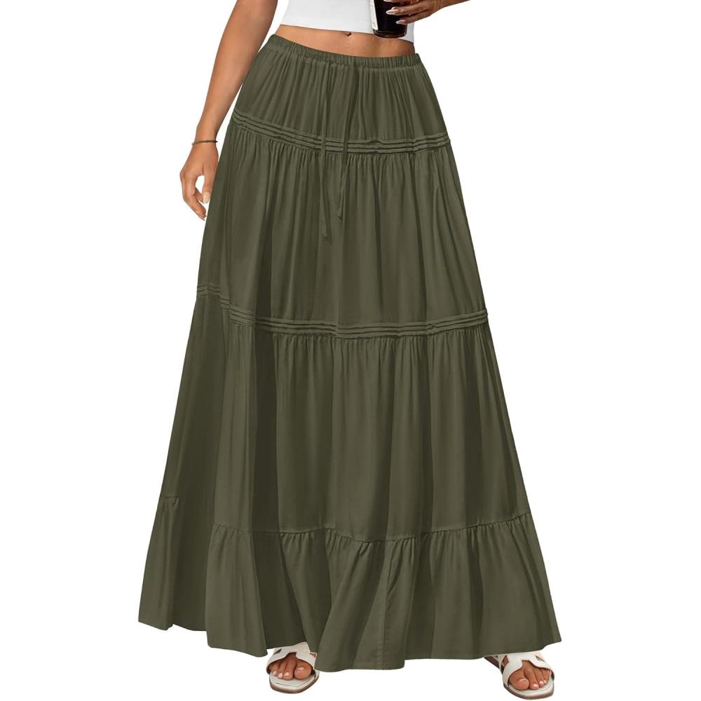 imageBTFBM Skirts for Women 2026 Summer Boho Beach Vacation Clothes Casual Pleated High Waisted Flowy Maxi SkirtArmy Green