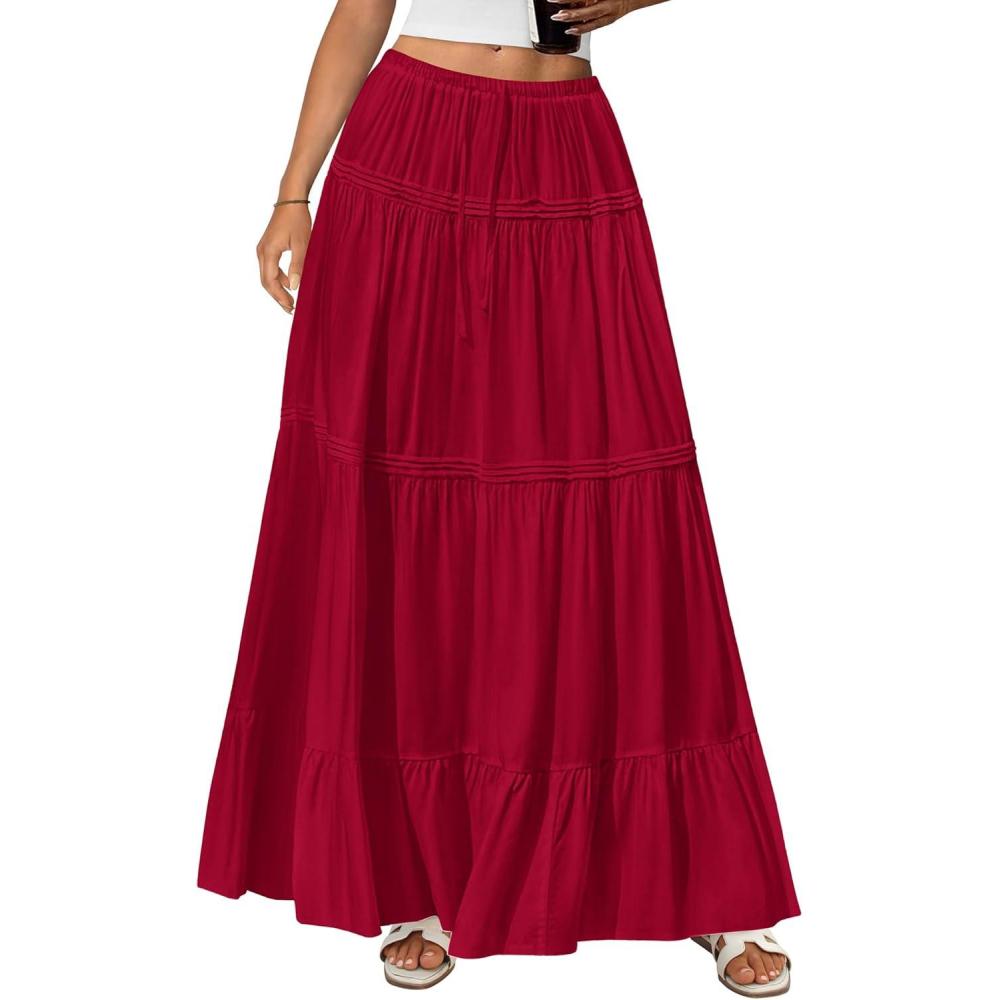 imageBTFBM Skirts for Women 2026 Summer Boho Beach Vacation Clothes Casual Pleated High Waisted Flowy Maxi SkirtRed