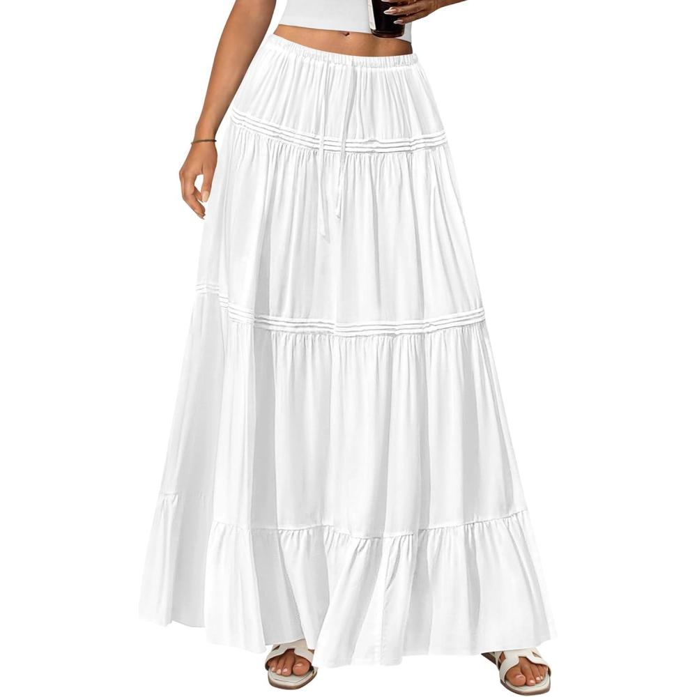 imageBTFBM Skirts for Women 2026 Summer Boho Beach Vacation Clothes Casual Pleated High Waisted Flowy Maxi SkirtWhite