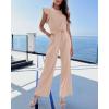 imageBTFBM Jumpsuits For Women 2026 Crew Neck Dressy Cap Sleeve Belted High Waist Wide Leg Romper One Piece Casual Outfits PocketsApricot