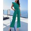 imageBTFBM Jumpsuits For Women 2026 Crew Neck Dressy Cap Sleeve Belted High Waist Wide Leg Romper One Piece Casual Outfits PocketsBlue Green
