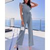 imageBTFBM Jumpsuits For Women 2026 Crew Neck Dressy Cap Sleeve Belted High Waist Wide Leg Romper One Piece Casual Outfits PocketsGrey